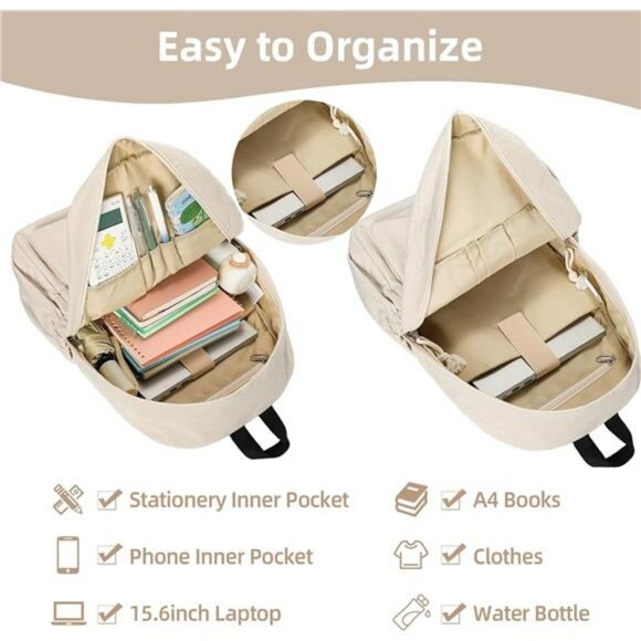 Corduroy school backpack with pins laptop bag for teen girls women travel bookba - Picture 4 of 7